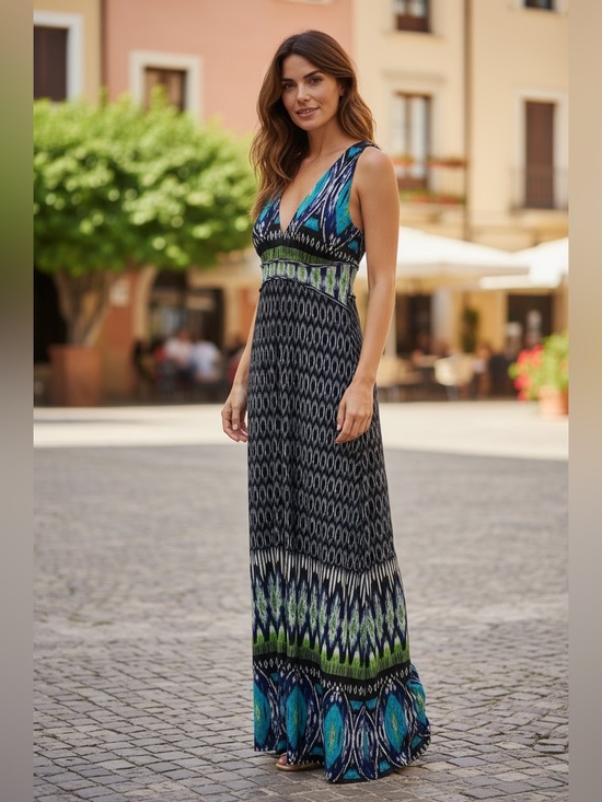 PAPILLON Dresses & Skirts - PAPILLON (S) Sleeveless V-Neck Printed Maxi Dress Blue Green Soft Flowy Boho